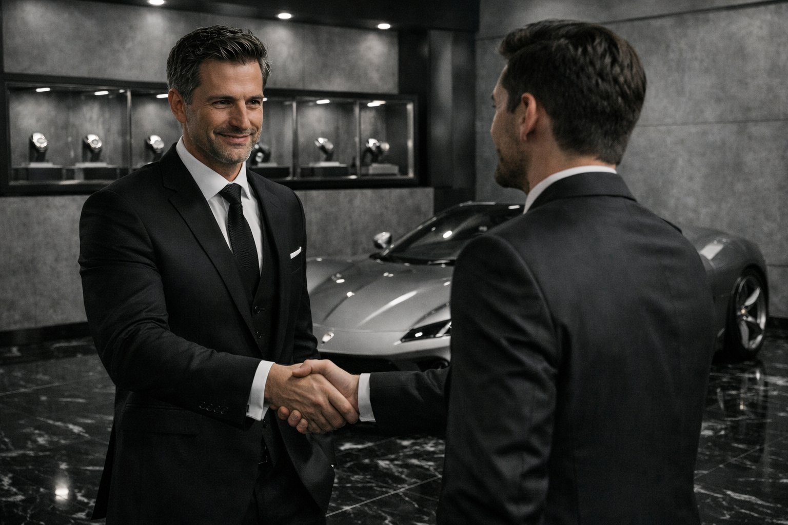 Handshake with luxury car at ASSETHAUS