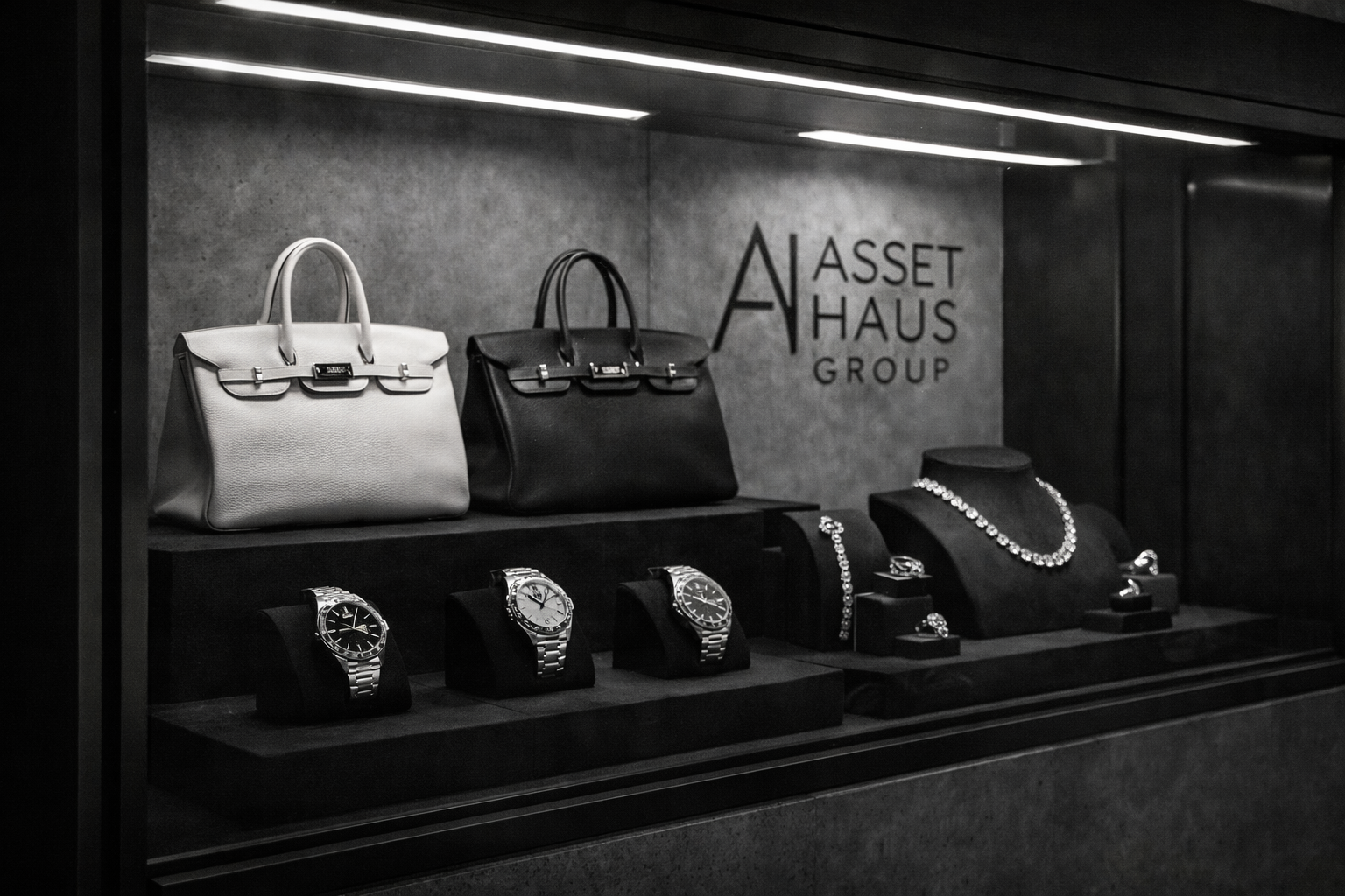 Luxury showcase with watches, bags, and jewelry at ASSETHAUS